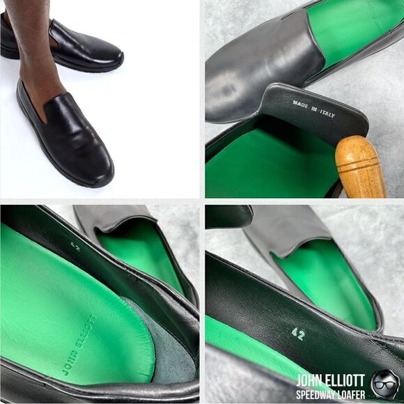 JOHN ELLIOTT SPEEDWAY LEATHER LOAFERS IN BLACK BUFFED CALFSKIN MEN’S LUXURY SHOE - Picture 14 of 16